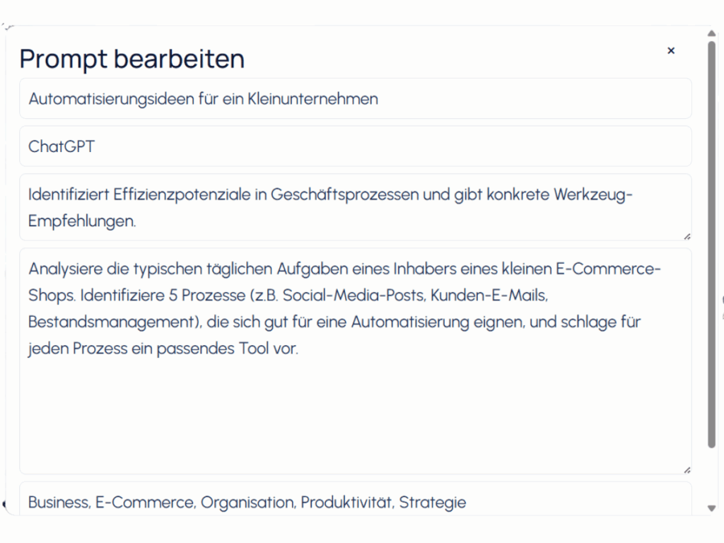 Bearbeitungsansicht eines Prompts in prmptx.app mit Titel, Beschreibung, Eingabefeldern und Tags