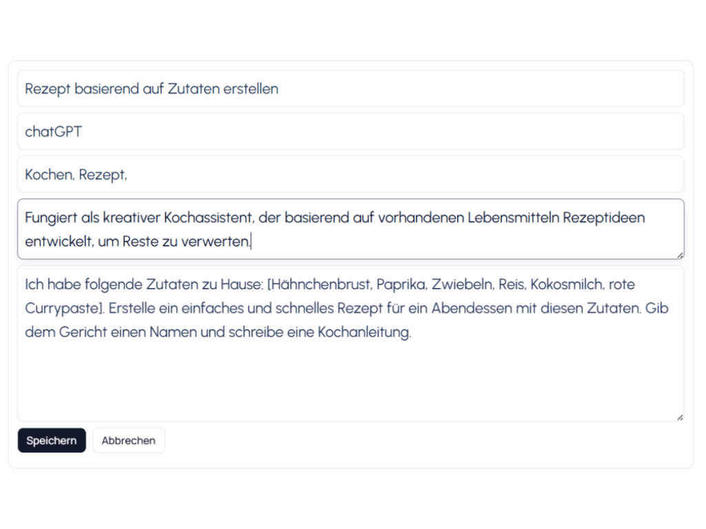 Neuen Prompt in prmptx.app anlegen mit Titel, Ziel-KI, Beschreibung, Prompt-Text und Tags