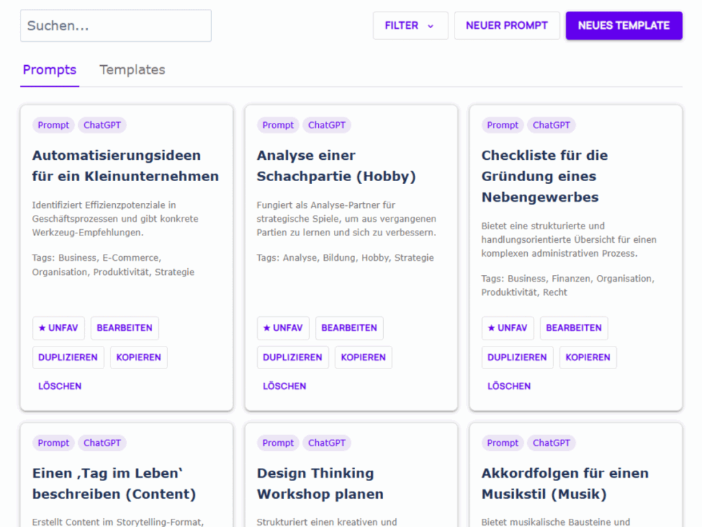 Übersicht der gespeicherten Prompts in Kartenansicht mit Such- und Filteroptionen sowie Buttons zum Bearbeiten, Duplizieren, Kopieren oder Löschen.