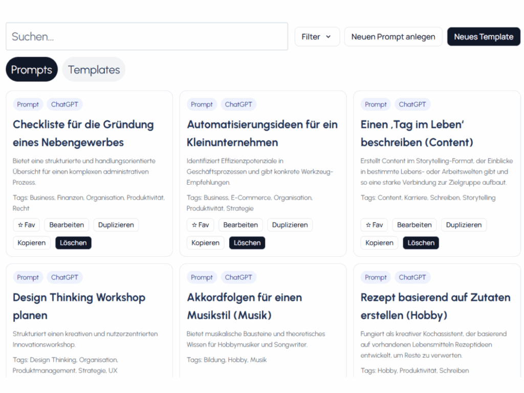 Übersicht von gespeicherten Prompts im prmptx.app Dashboard mit Tags und Bearbeitungsoptionen