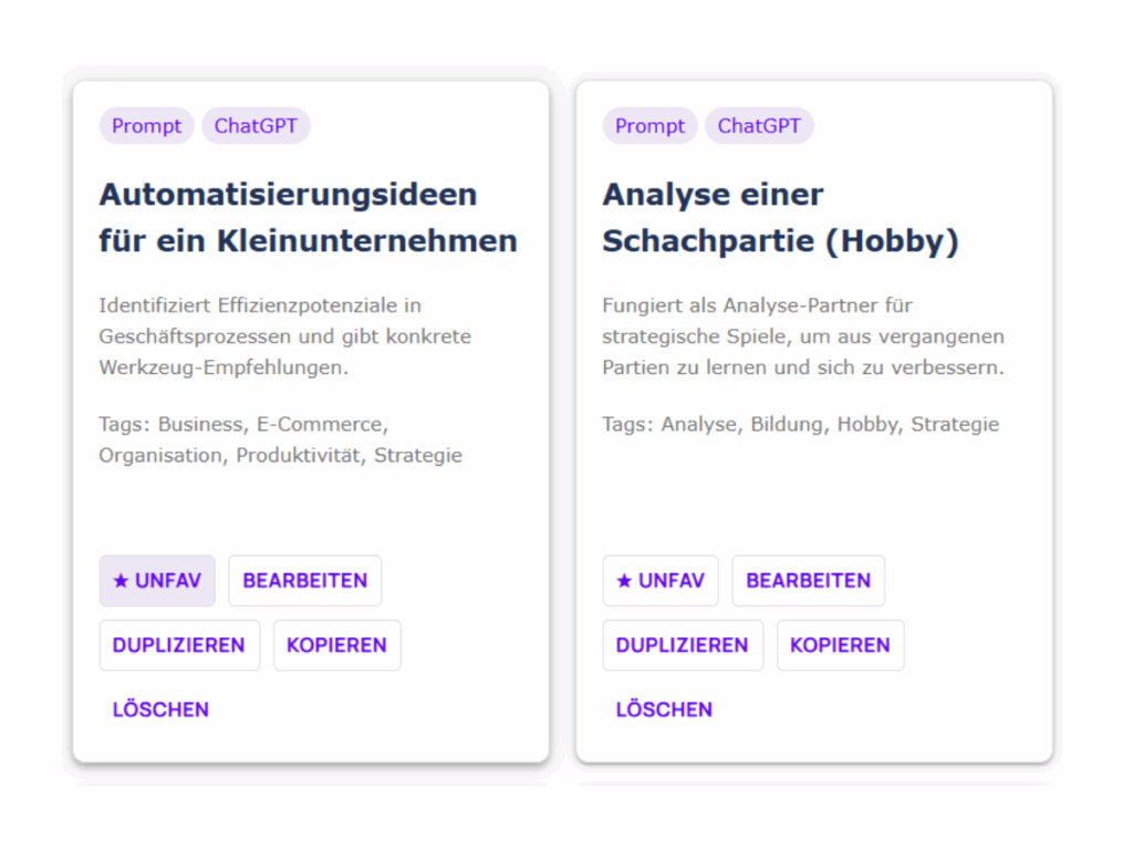 Benutzeroberfläche mit zwei gespeicherten Prompts, die über eine Funktion zum Favorisieren oder Entfernen aus Favoriten verwaltet werden können.