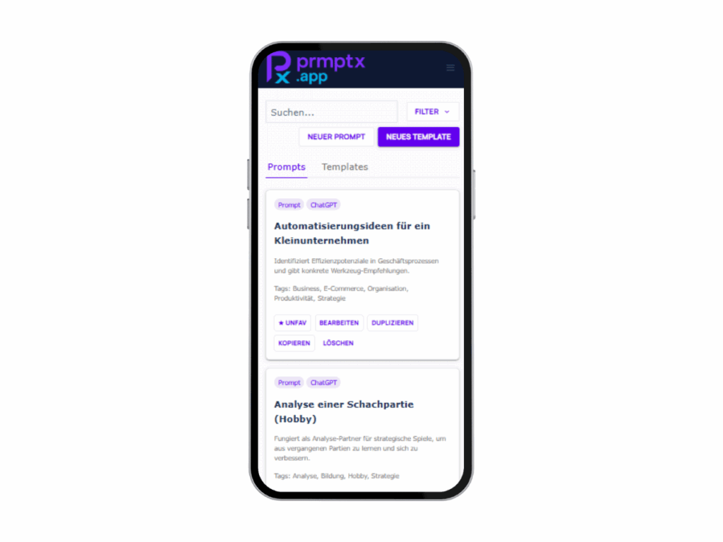 Mobile-Ansicht der prmptx.app auf einem Smartphone mit Listenansicht gespeicherter Prompts und Bearbeitungsoptionen.