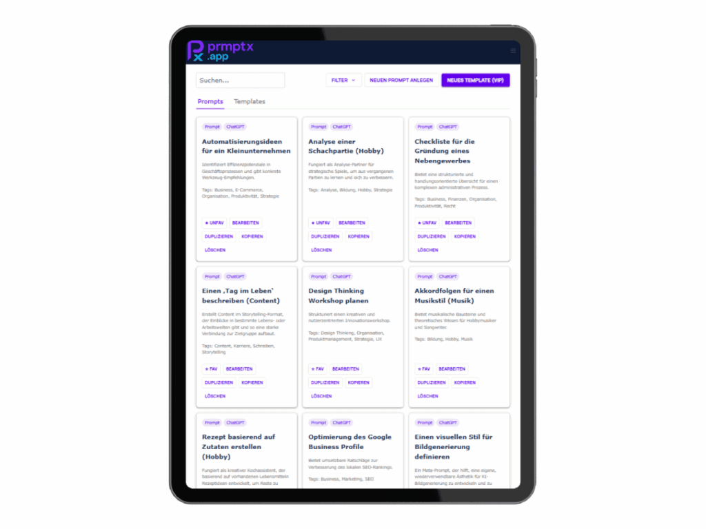 Tablet-Ansicht der prmptx.app: Mehrere gespeicherte Prompts im Kartenlayout mit Bearbeitungs- und Favoritenfunktionen.