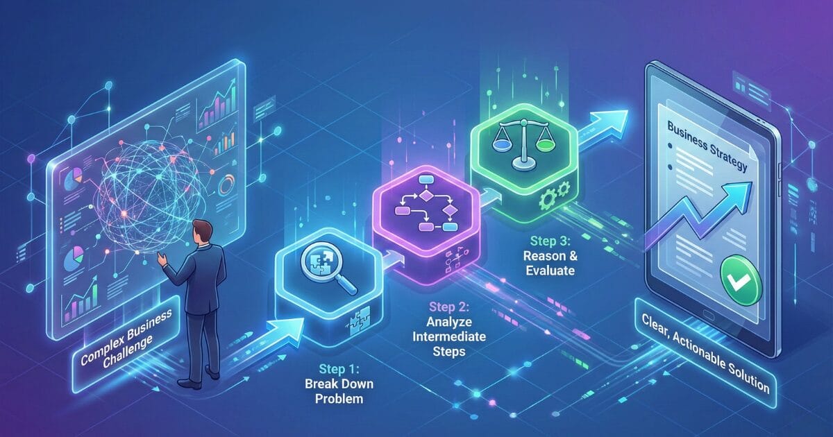 Isometrische Illustration, die den Prozess des Chain of Thought Prompting im Business zeigt: Eine komplexe Herausforderung wird in drei logische Zwischenschritte (Problem zerlegen, Zwischenschritte analysieren, Bewerten) aufgeteilt, was zu einer klaren, umsetzbaren Geschäftsstrategie führt.