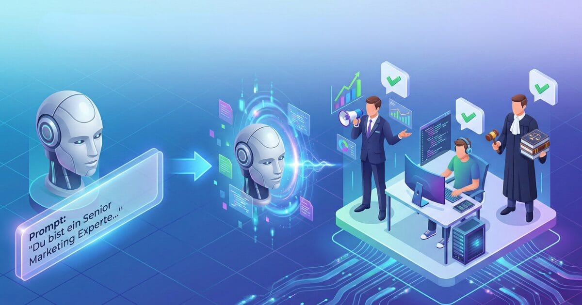 Isometrische Illustration, die zeigt, wie ein generischer KI-Bot durch einen spezifischen "Persona Prompt" (z.B. "Du bist ein Senior Marketing Experte") in verschiedene spezialisierte Expertenrollen (Marketing, Entwickler, Rechtsberater) transformiert wird, um qualitativ hochwertigere Ergebnisse zu liefern.